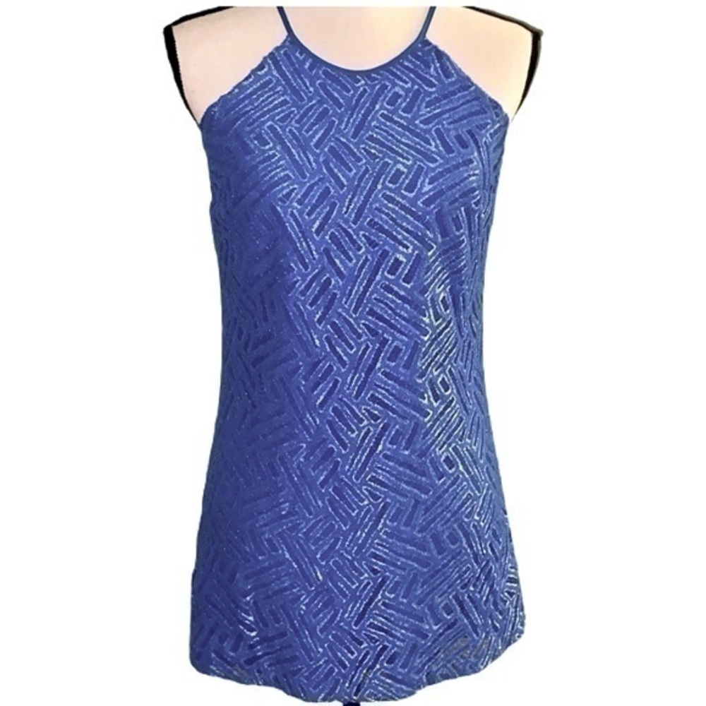 LILLY PULITZER Angel Halter Dress in Sapphire Blue Bamboo Geo Lace. XS. EUC